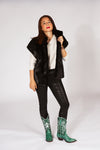 Lifestyle: model styling emerald green stingray cowboy boots with urban fashion-fall look-rockiesRebels
