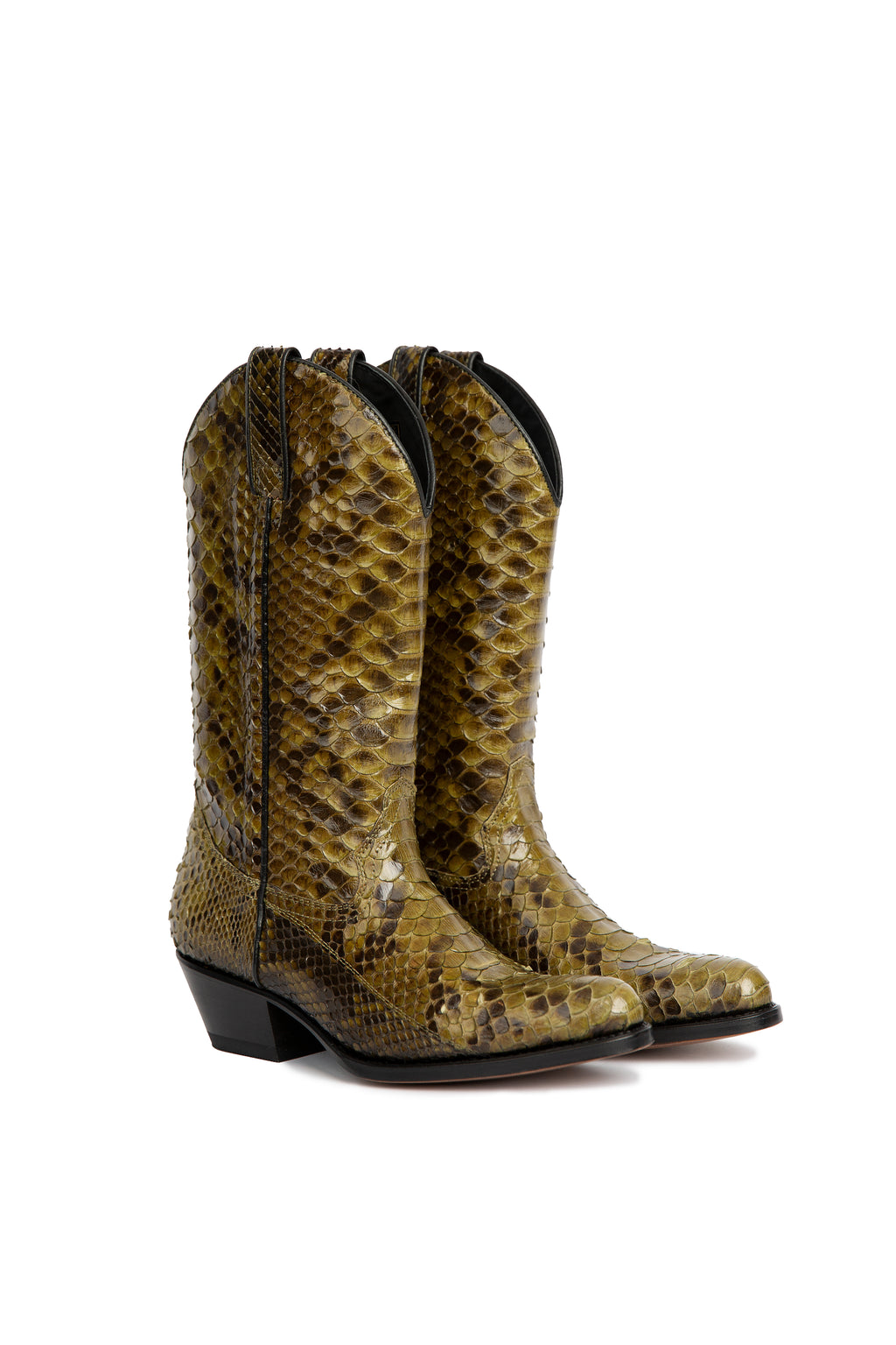 Drinking Horse cowboy boots in forest green python leather – Rockies Rebels luxury handmade boots