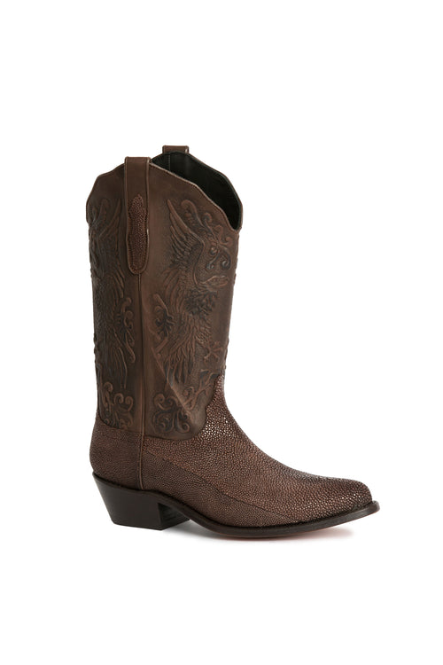 Side view of Bald Eagle Brown luxury stingray handmade western boots-RockiesRebels 