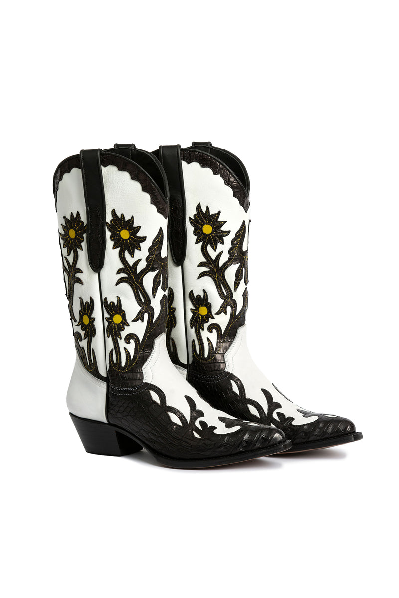 Side view, Bangtail luxury contemporary western boots in crocodile and cow leather-RockiesRebels
