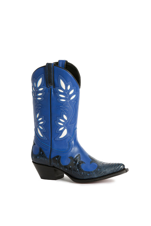 A handcrafted blue cowboy boot with intricate decorations, a cushioned insole, and a pointed toe.