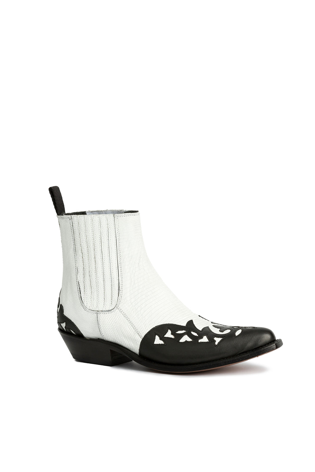 A white Iguana leather cowboy boot with black cow leather decoration and a pointed toe.