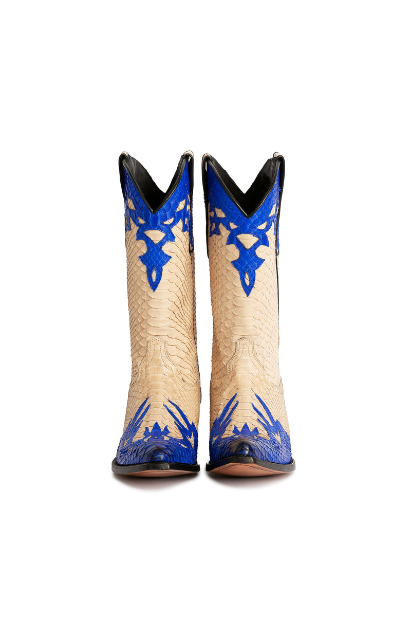 Side view, blue and cream python leather modern western boots-RockiesRebels
