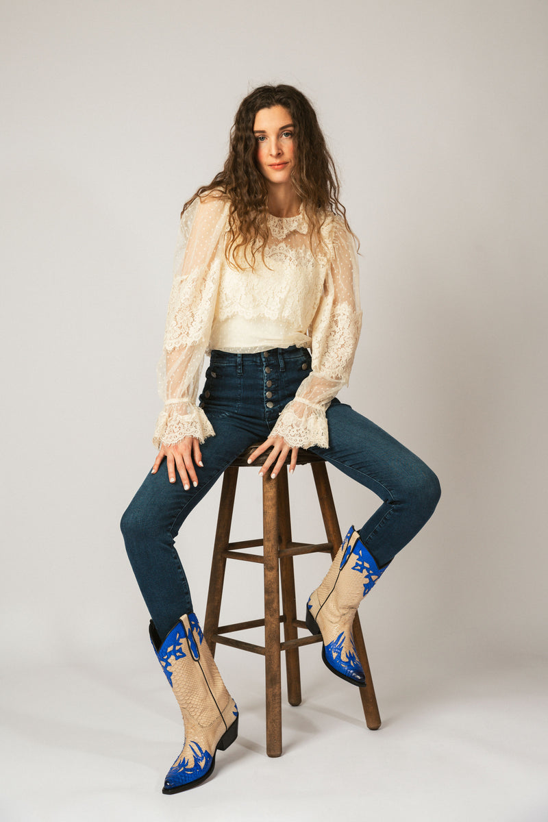 Styling modern western Chestnut Mountain python cowboy boots in royal blue and cream-RockiesRebels