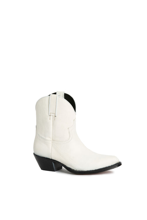 A white leather western-style boot with a round toe and a low heel, featuring a snip toe design and a cushioned comfort insole.
