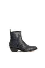 Close‑up blue crocodile scales on Hidden Lake boots-RockiesRebels