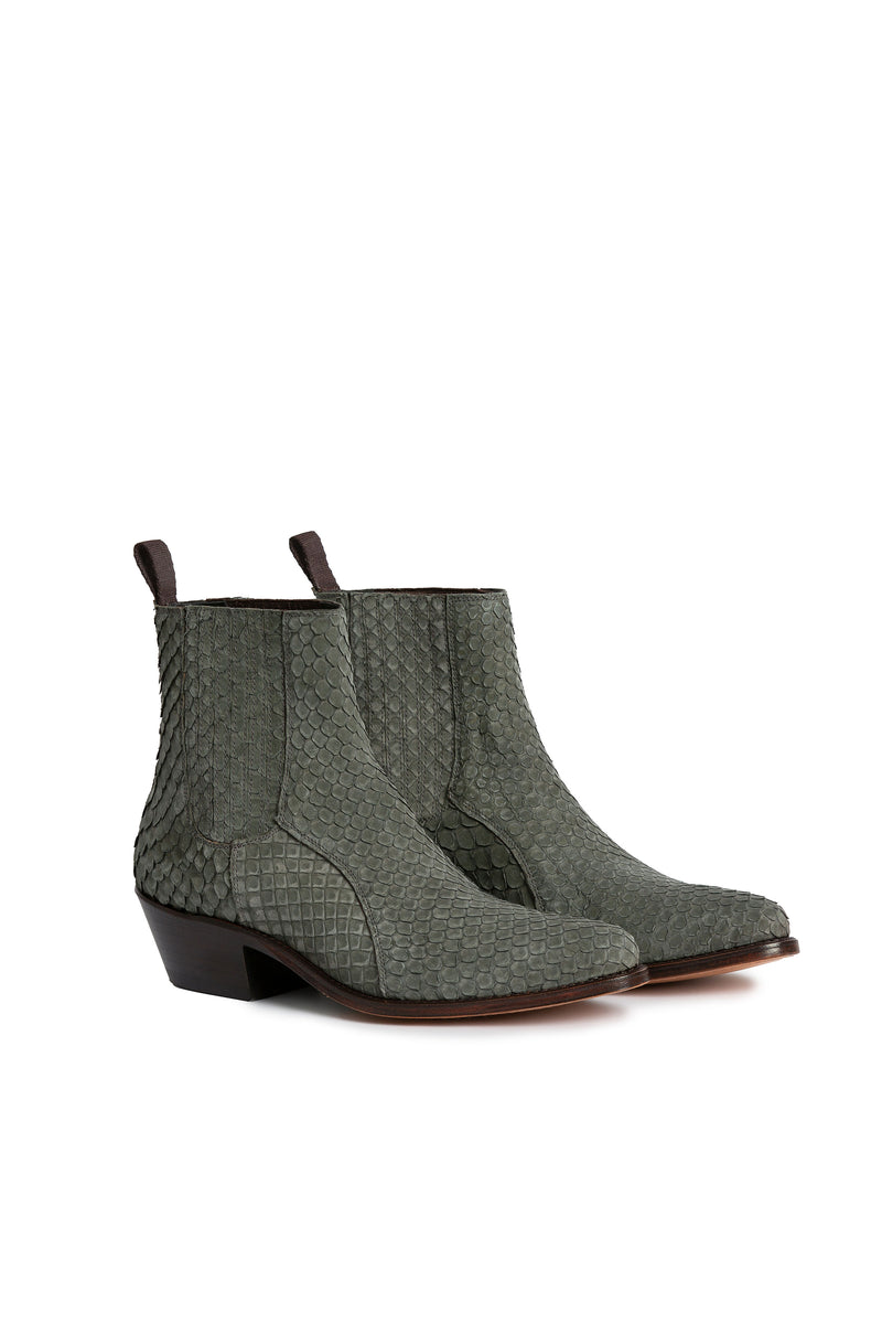 Close-up: matte python leather texture on Hidden Lake boots