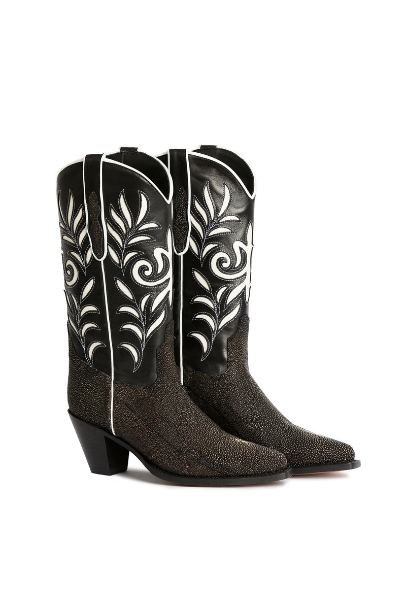 Side angle of luxury high heel black stingray cowgirl boots-Rockiesrebels