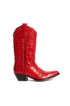 Close-up: red crocodile leather pattern on boots