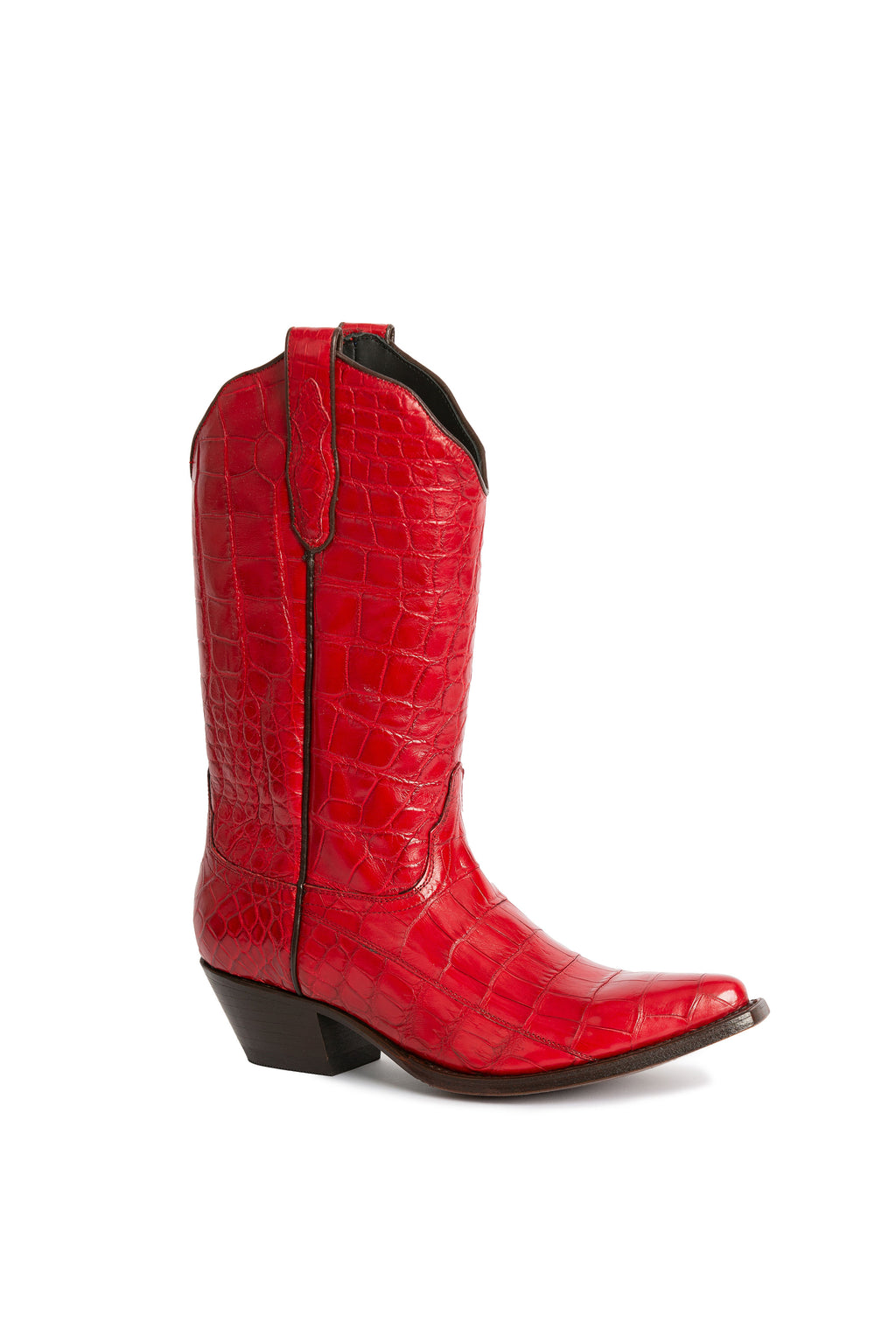 A red crocodile leather western boot with a low heel and a pointed toe, featuring a lace-up closure.