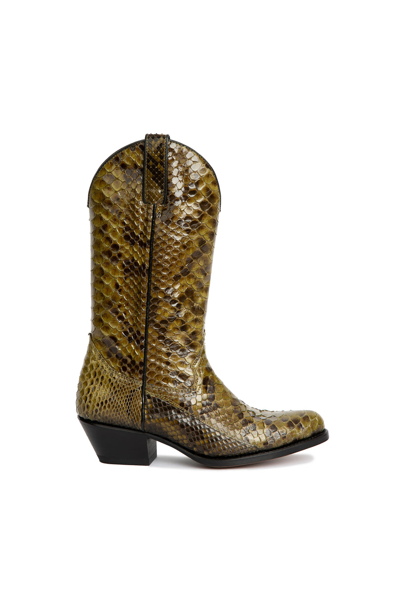 Luxury western cowboy boots in forest green python leather – Rockies Rebels Drinking Horse