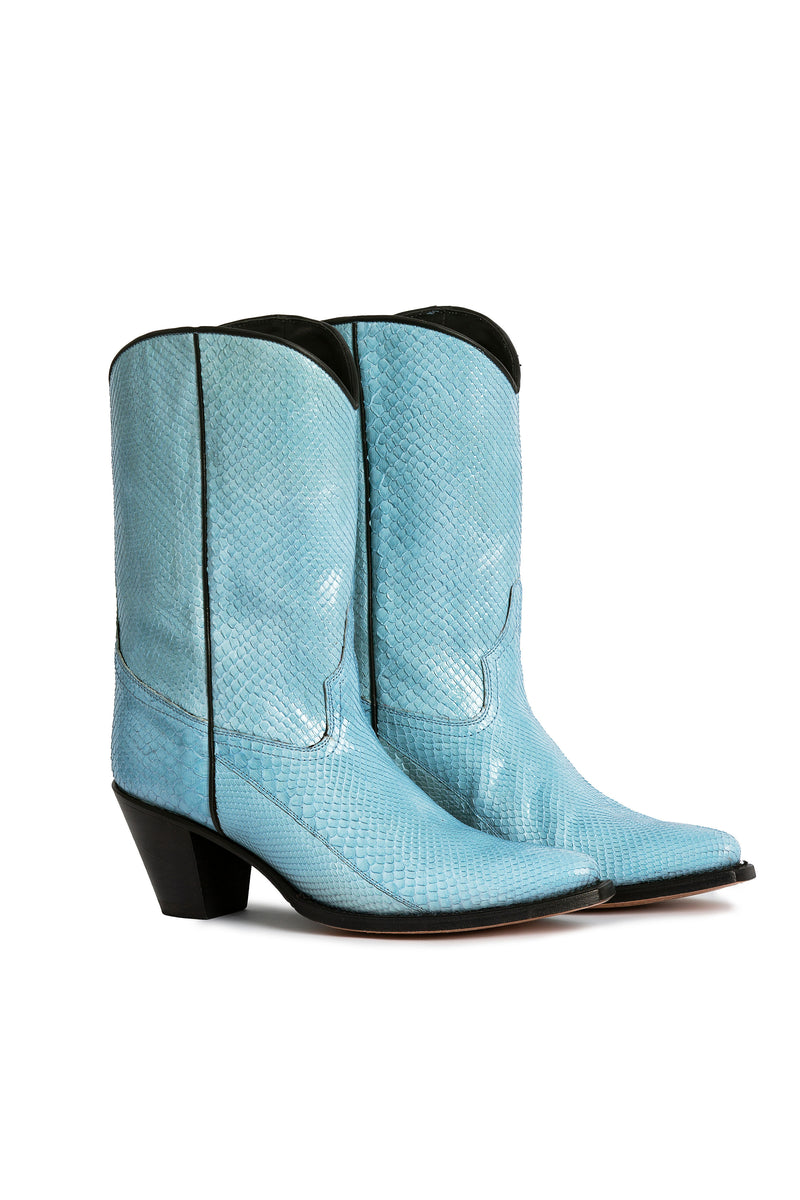 Side view of George Lake light blue python western boots