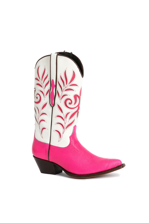 A hot pink leather cowgirl boot with white cow leather decoration on the shaft, featuring a sleek lizard leather pull tab-RockiesRebels