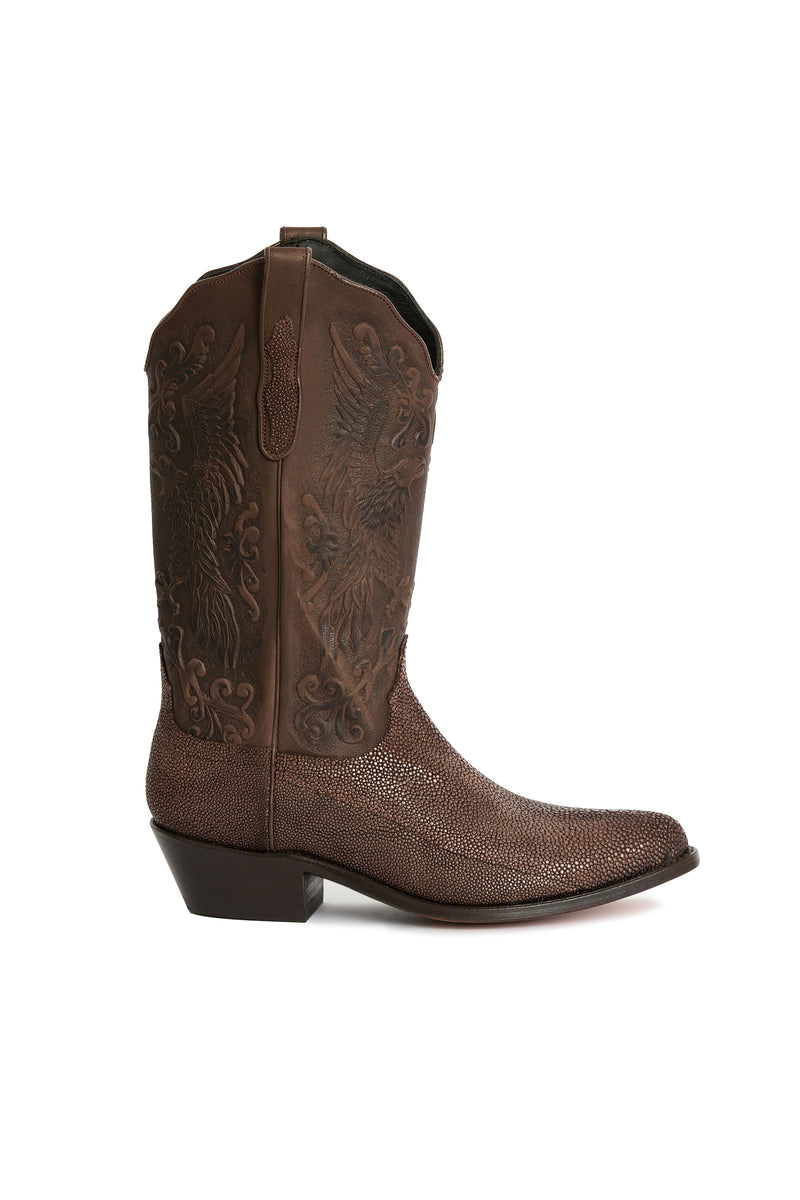 Close-up of brown stingray leather texture on Bald Eagle Brown boots