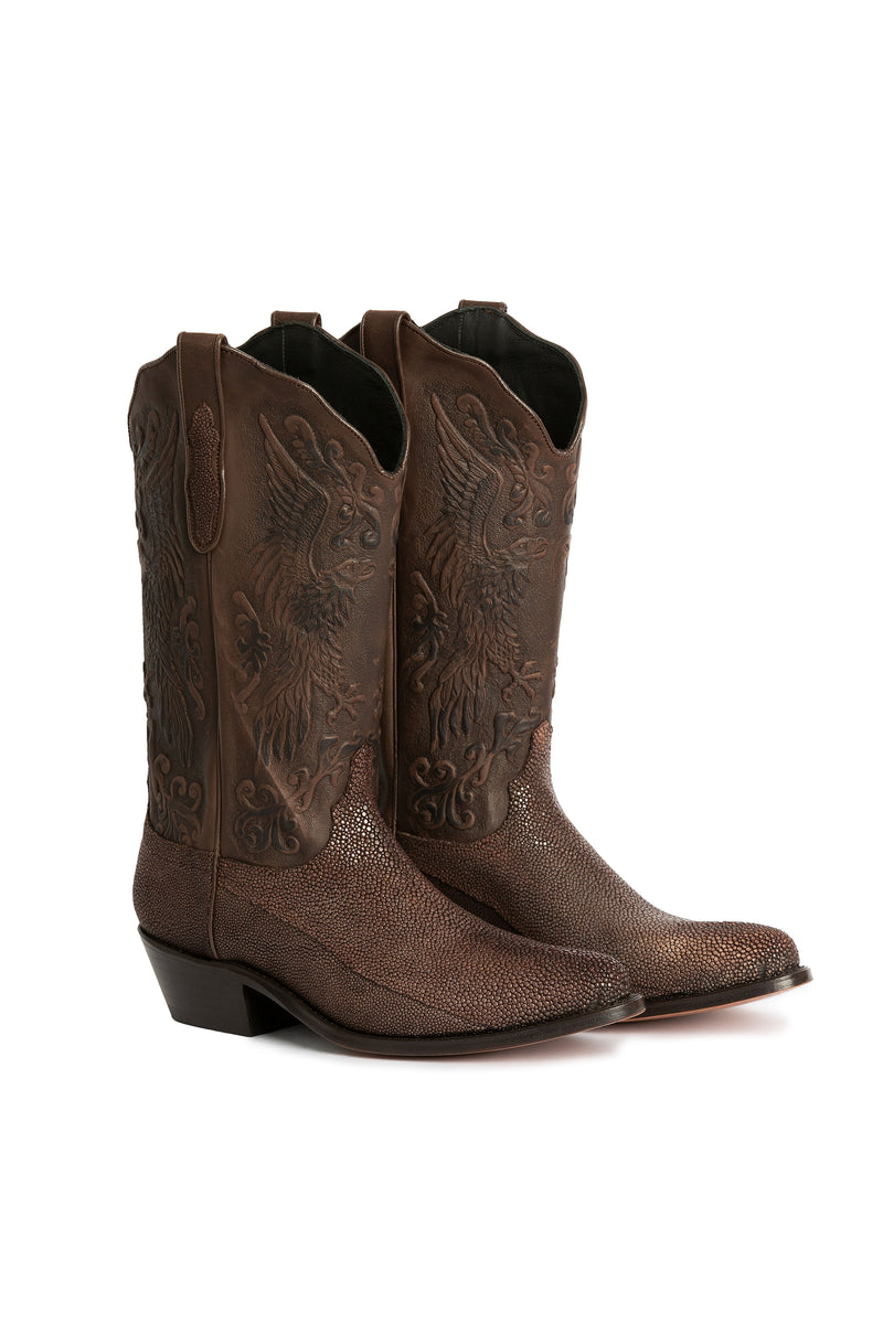 Side view of Bald Eagle Brown luxury stingray western boots mate brown, urban look-RockiesRebels 