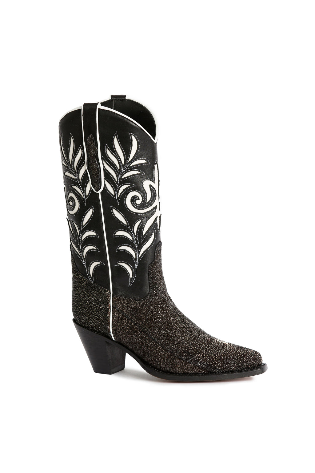 Side angle of luxury high heel black stingray cowgirl boots-RockiesRebels
