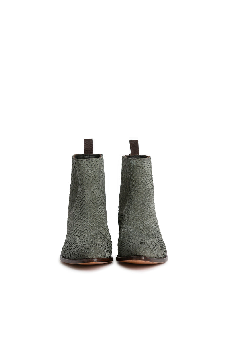 Side view of Hidden Lake grey matte python western boots for men