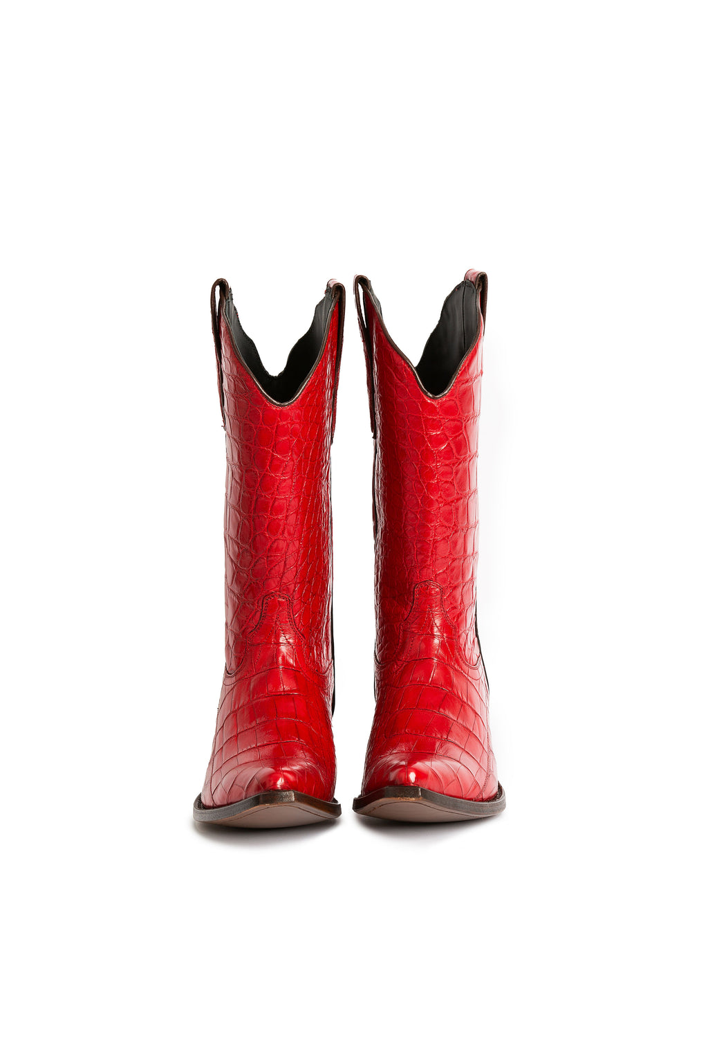 A red crocodile leather western boot with a low heel and a pointed toe, featuring a lace-up closure.
