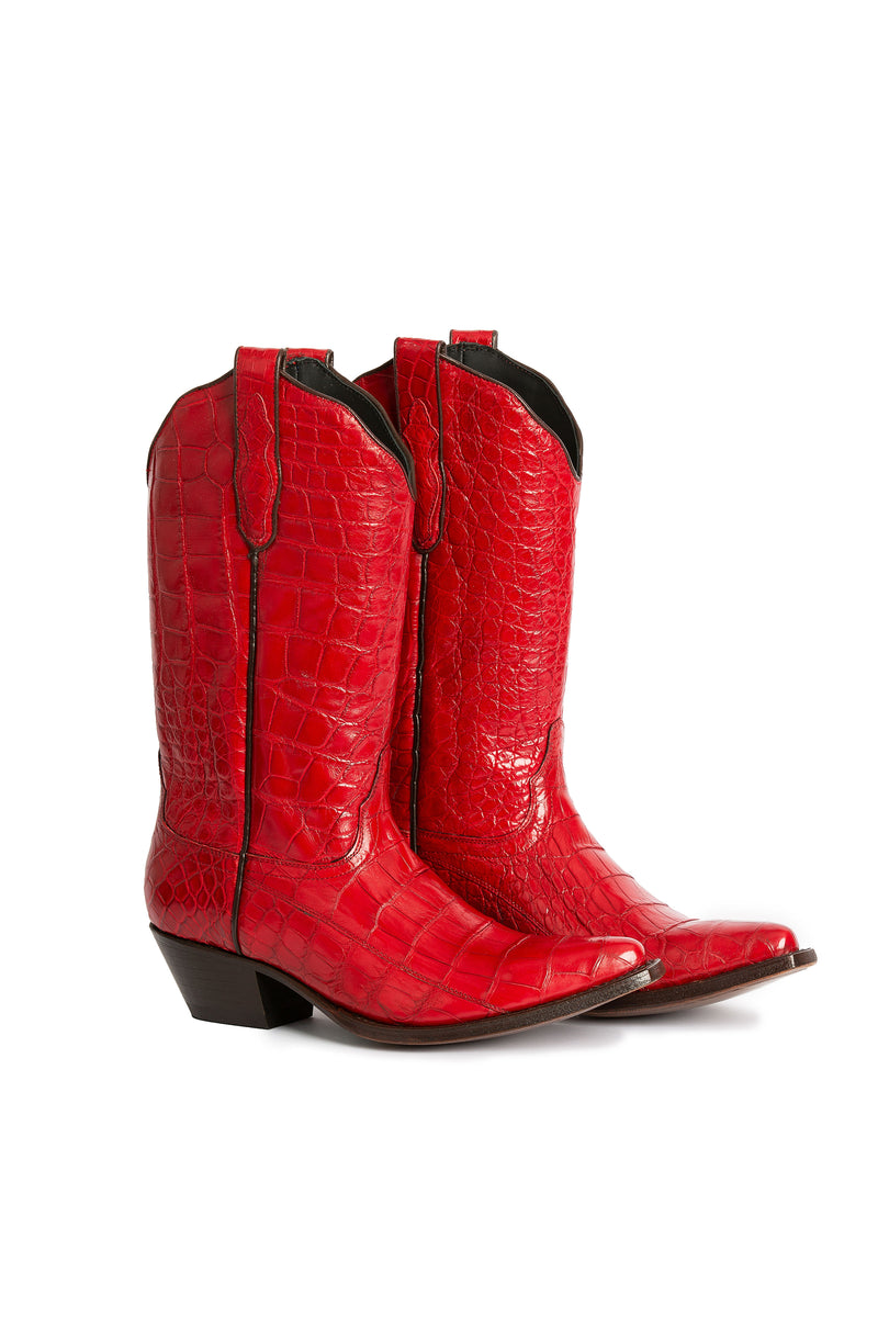 Side view, Drinking Horse red crocodile  western boots