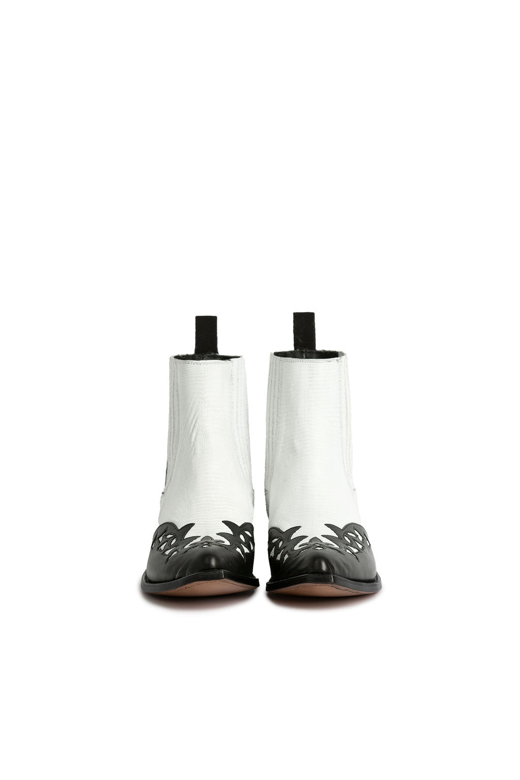 A white Iguana leather cowboy boot with black cow leather decoration and a pointed toe.