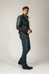 Male model styling Hidden Lake blue stingray cowboy boots – RockiesRebels western fashion