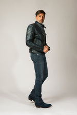 Male model styling Hidden Lake blue stingray cowboy boots – RockiesRebels western fashion