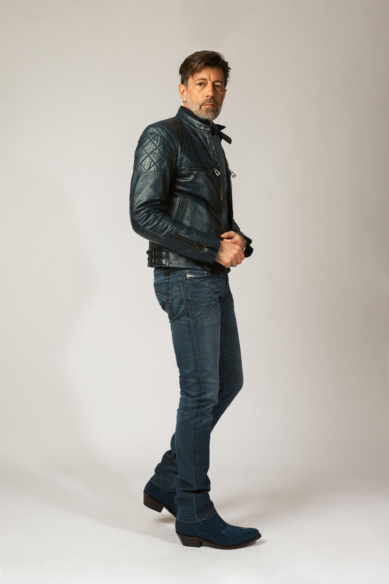 Male model styling Hidden Lake blue stingray cowboy boots – RockiesRebels western fashion