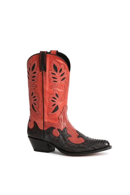 Bear Canyon red and black ostrich leg
cowboy boots – Rockies Rebels handmade
in Italy