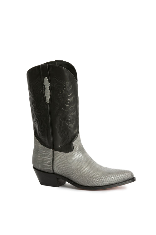 Cloud Nine grey lizard men's western boots
with black shaft – Rockies Rebels
handmade in Italy