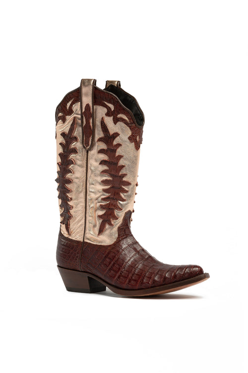 Crescent Lake burgundy alligator western boots with gold calf shaft –
Rockies Rebels handmade in Italy