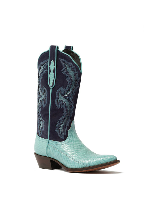 Eagle Lake blue-green lizard western boots with blue suede shaft –
Rockies Rebels handmade in Italy