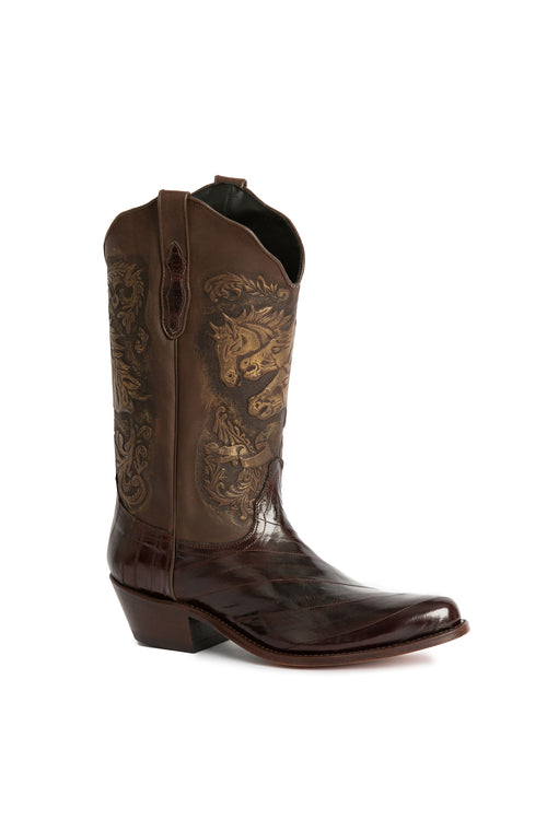 Laughing Horse brown eel-skin men's
western boots with tooled horses – Rockies
Rebels handmade in Italy