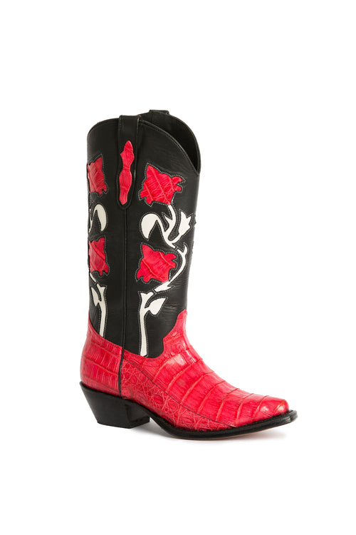Painted Hills Trail red alligator cowboy
boots with rose inlays – Rockies Rebels
handmade in Italy