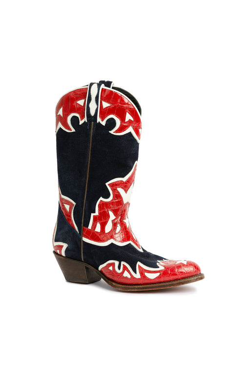 Cherry River red alligator and blue suede cowboy boots — from
a previous Rockies Rebels collection, handmade in Italy. A rare, retired exotic western boot.