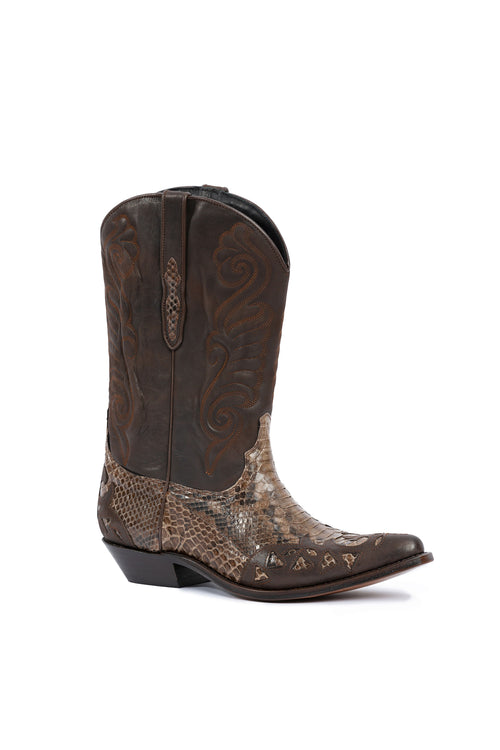 Side view of Big Creek Trail python western boots in natural tones