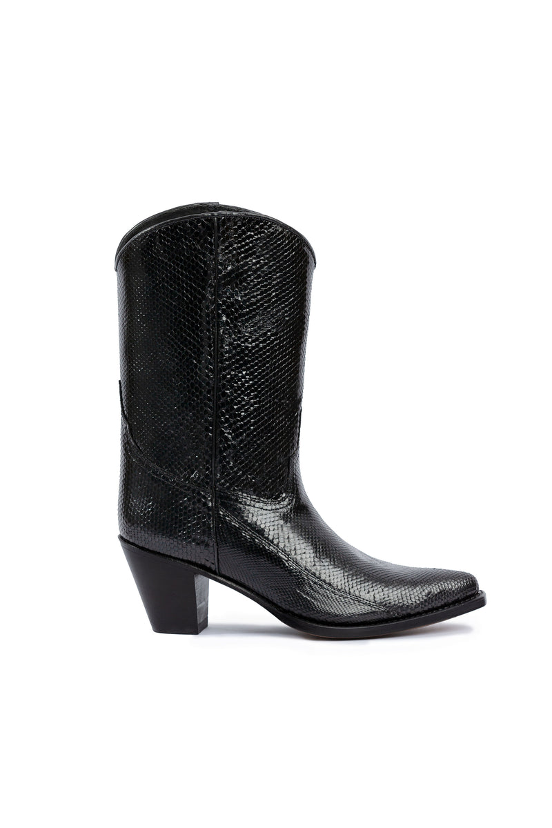 Side angle of George Lake black python modern western boots