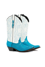 Side view of Emerald Lake blue lizard modern western boots