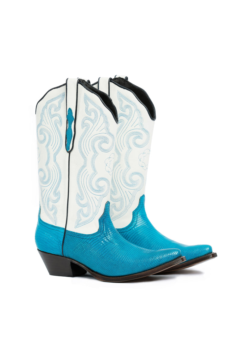 Side view of Emerald Lake blue lizard modern western boots