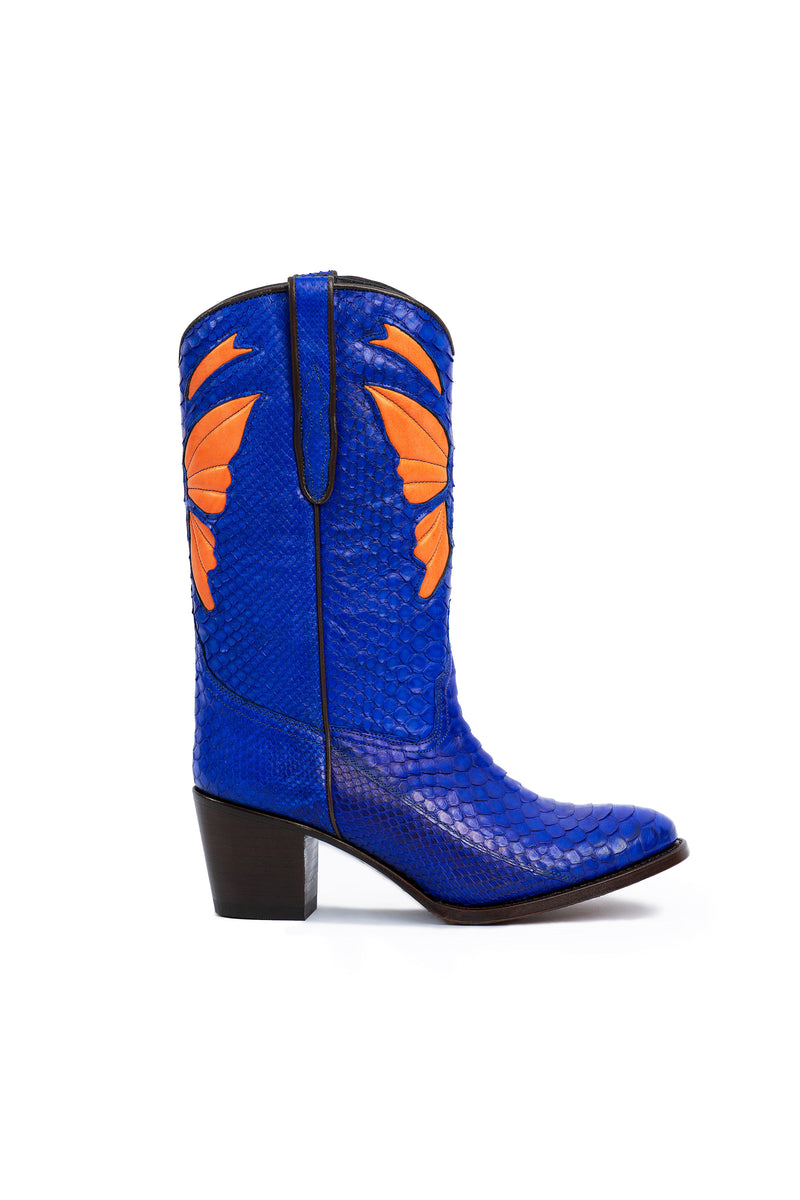 Close‑up: blue royal python skin with orange butterfly shaft motif-RockiesRebels