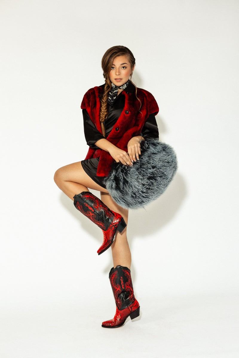Model styling Eagle Lake red python cowgirl boots – modern western design