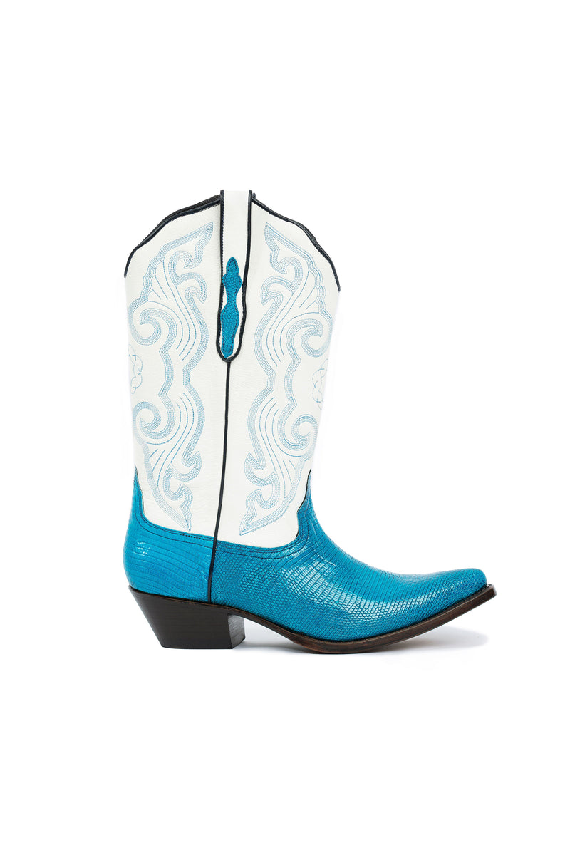 Side  view of Emerald Lake exotic blue lizard cowboy boots