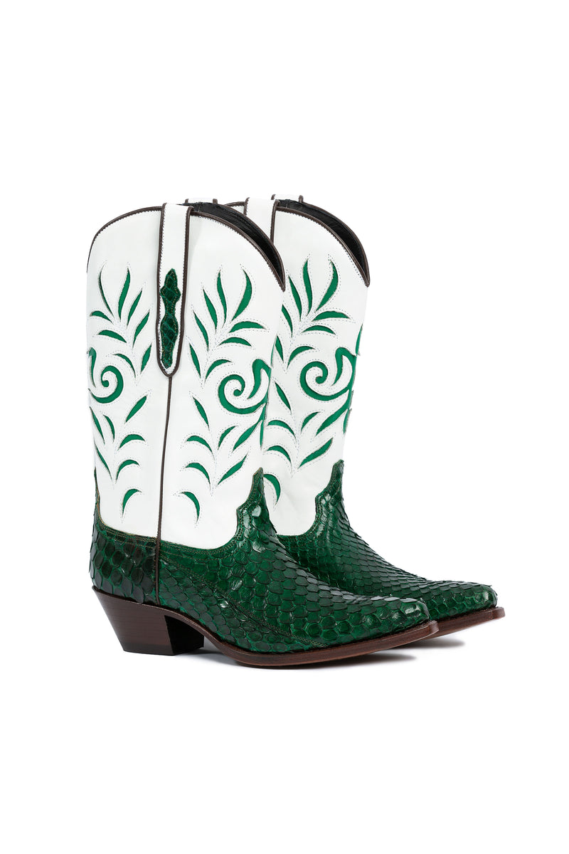 Close‑up: emerald python scales on Grotto Falls handmade cowboy boots-RockiesRebels