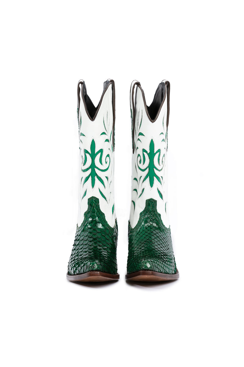 Front view of Grotto Falls green python western boots-RockiesRebels