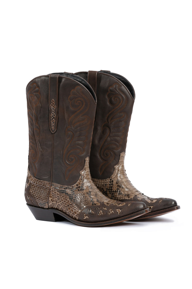 Side view of Big Creek Trail python western boots in natural tones-modern look