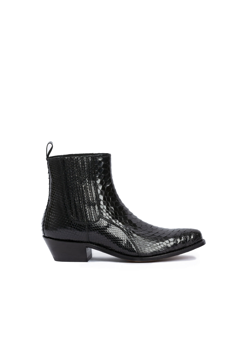 Side view of Hidden Lake men’s black python cowboy boots