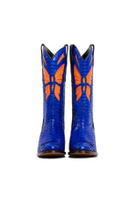 Limestone Creek anaconda cowboy boots in royal blue with orange butterfly detail-RockiesRebels 