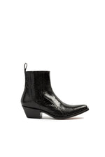 Close-up: black python leather detail on Hidden Lake boots