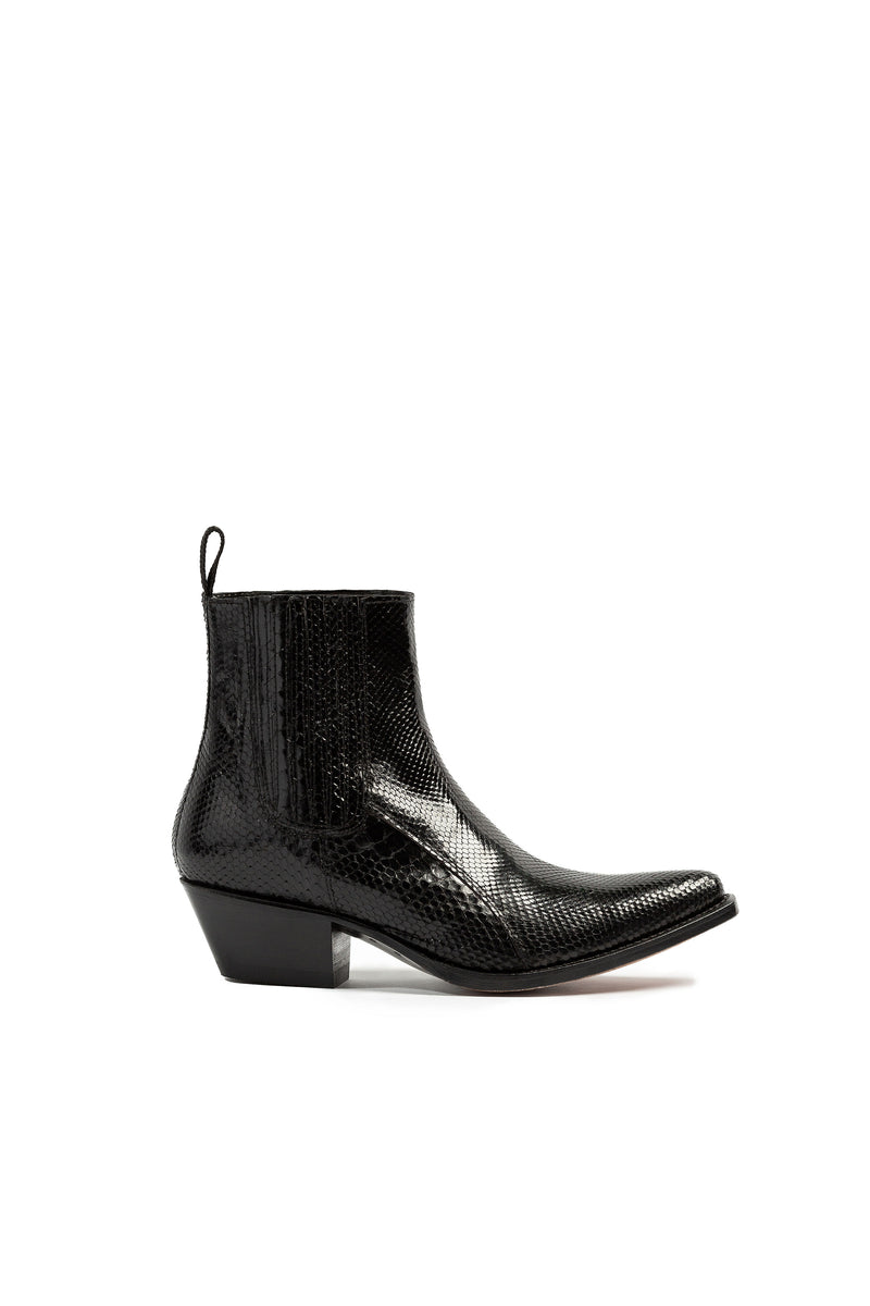 Close-up: black python leather detail on Hidden Lake boots