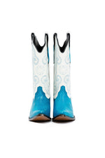 Front view of Emerald Lake blue lizard western boots