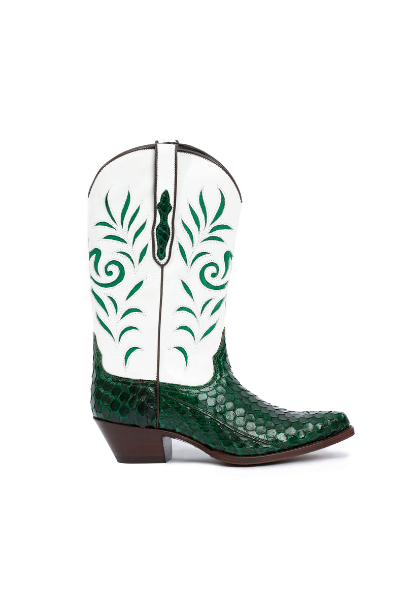 Side view of Grotto Falls green python luxury western boots-RockiesRebels